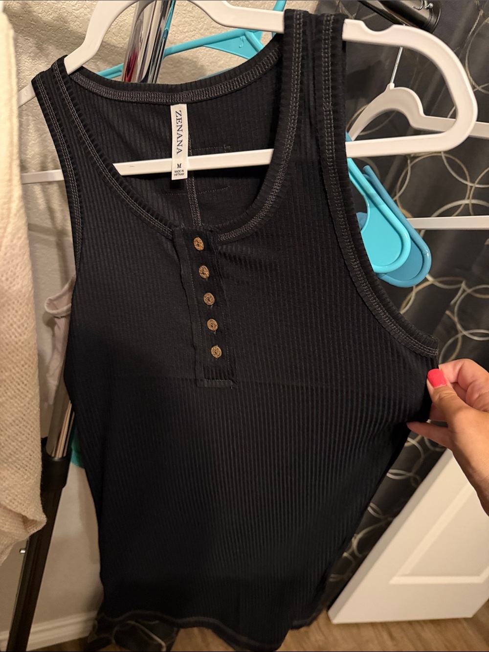 ZENANA Black Ribbed Henley Tank Top with Button Front